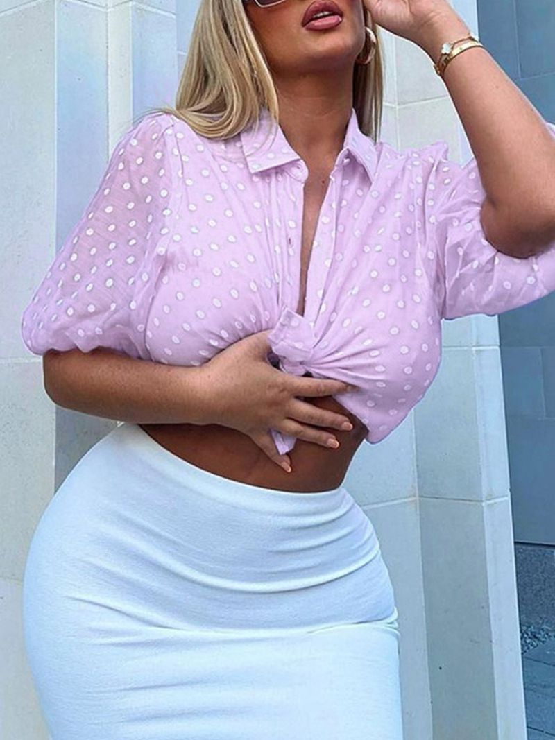 Polka Dots Revers Knap Dame Kortærmet Standard Bluse