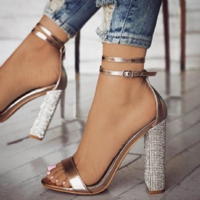 Rhinestone Line-Style Spænde Chunky Heel Damesandaler