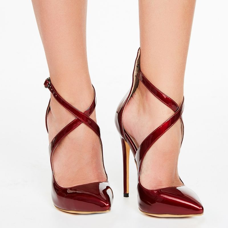 Burgundy Cross Wrap Stiletto-Sandaler Med Spids Tå