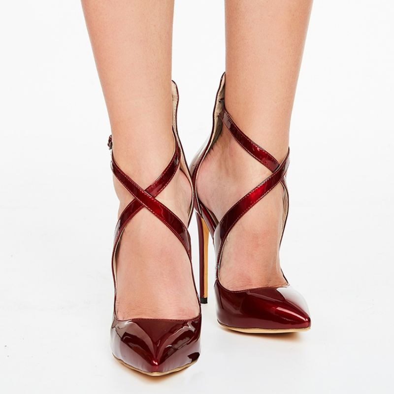 Burgundy Cross Wrap Stiletto-Sandaler Med Spids Tå