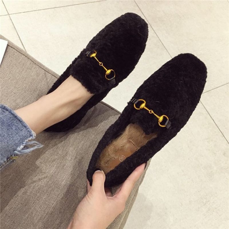 Faux Fur Block Hæl Rund Toe Slip-On Dame Flade sko