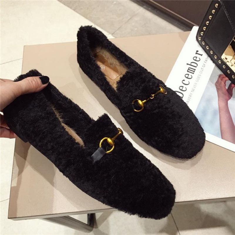 Faux Fur Block Hæl Rund Toe Slip-On Dame Flade sko