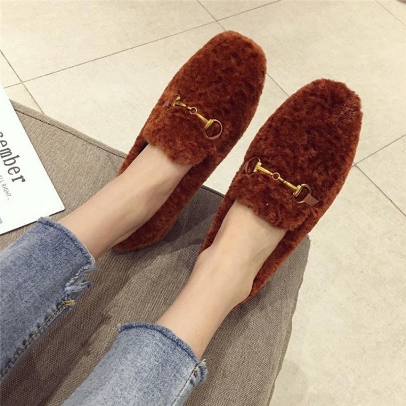 Faux Fur Block Hæl Rund Toe Slip-On Dame Flade sko