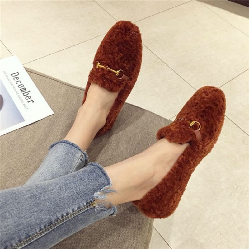 Faux Fur Block Hæl Rund Toe Slip-On Dame Flade sko