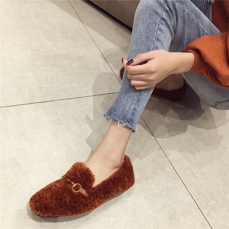 Faux Fur Block Hæl Rund Toe Slip-On Dame Flade sko