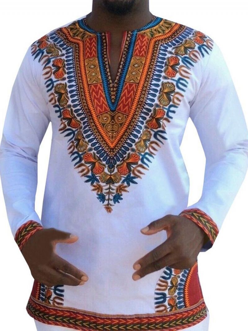 Afrikansk Mode Dashiki Print V-Hals Løs T-Shirt Til Mænd