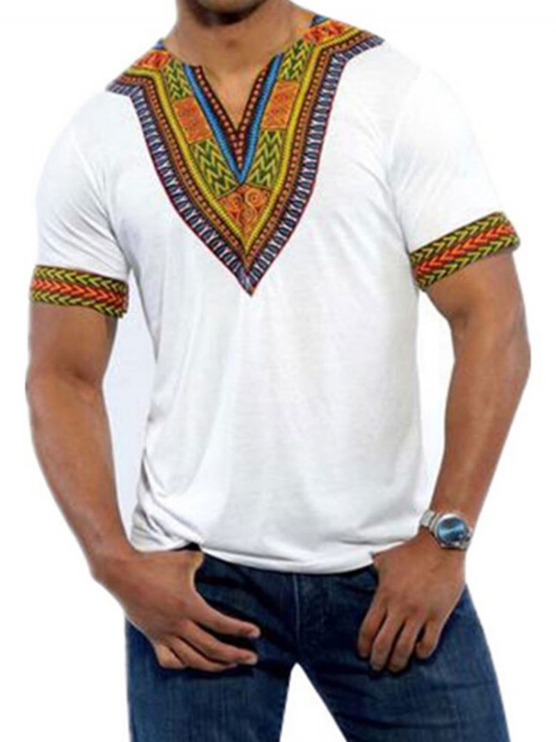 Afrikansk Mode V-Hals Dashiki Print Kortærmet Mænds T-Shirt