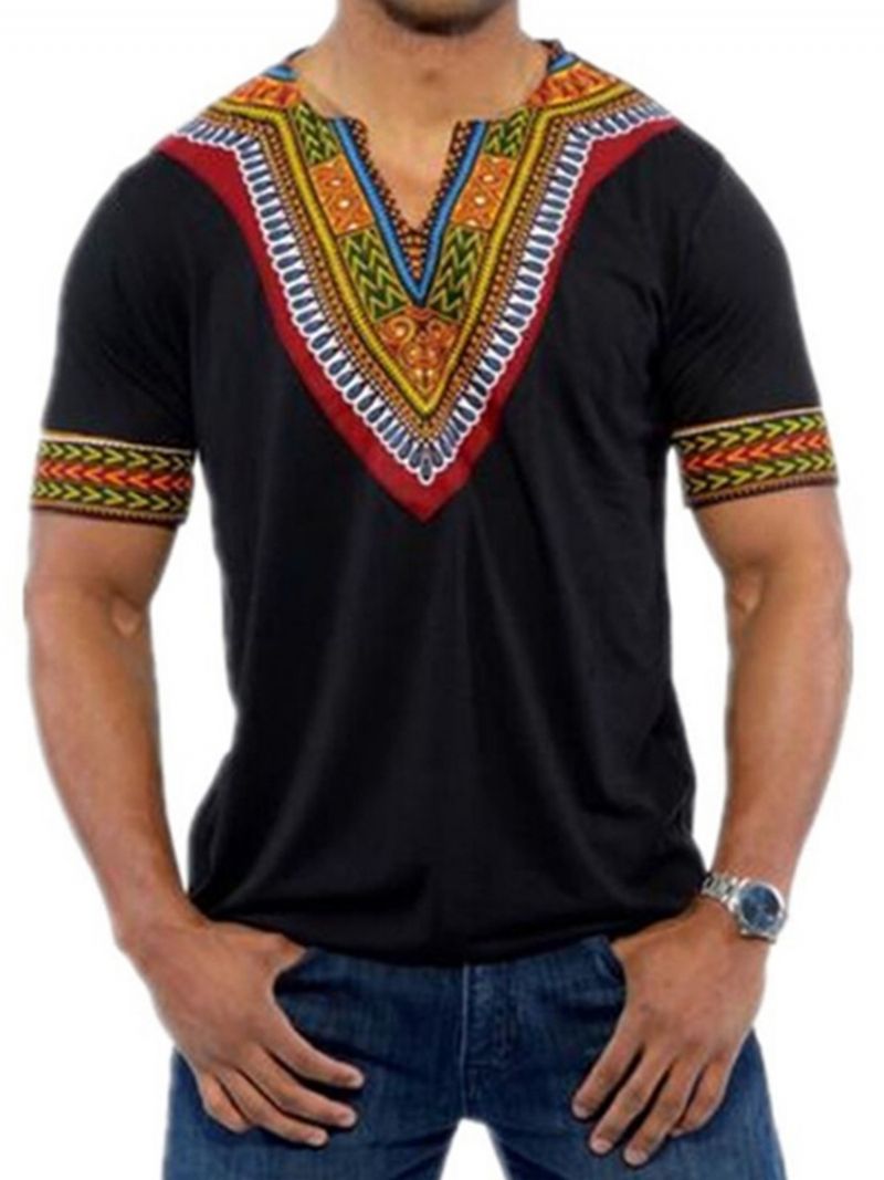 Afrikansk Mode V-Hals Dashiki Print Kortærmet Mænds T-Shirt