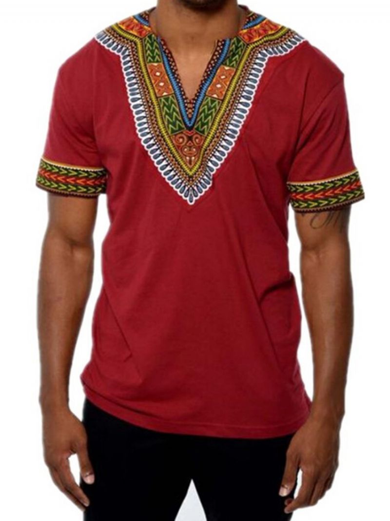 Afrikansk Mode V-Hals Dashiki Print Kortærmet Mænds T-Shirt