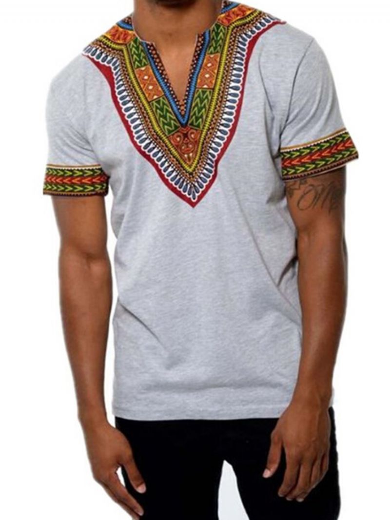 Afrikansk Mode V-Hals Dashiki Print Kortærmet Mænds T-Shirt