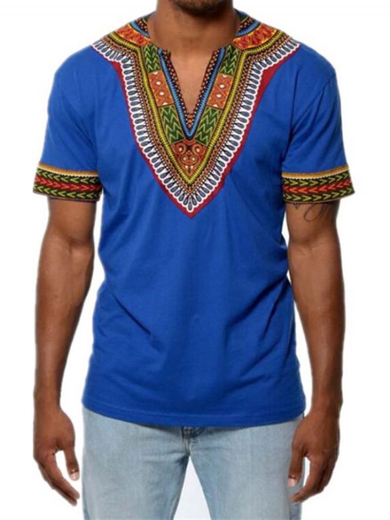 Afrikansk Mode V-Hals Dashiki Print Kortærmet Mænds T-Shirt