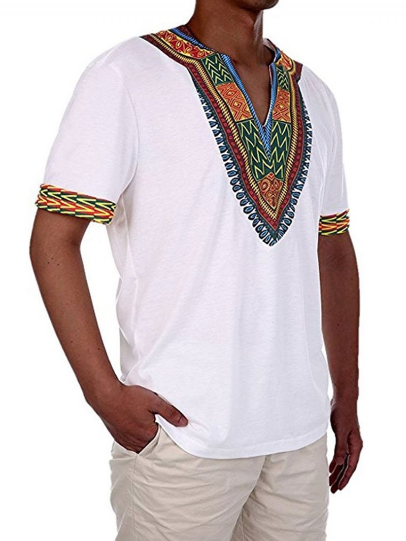 Afrikansk Mode V-Hals Dashiki Print Kortærmet Mænds T-Shirt