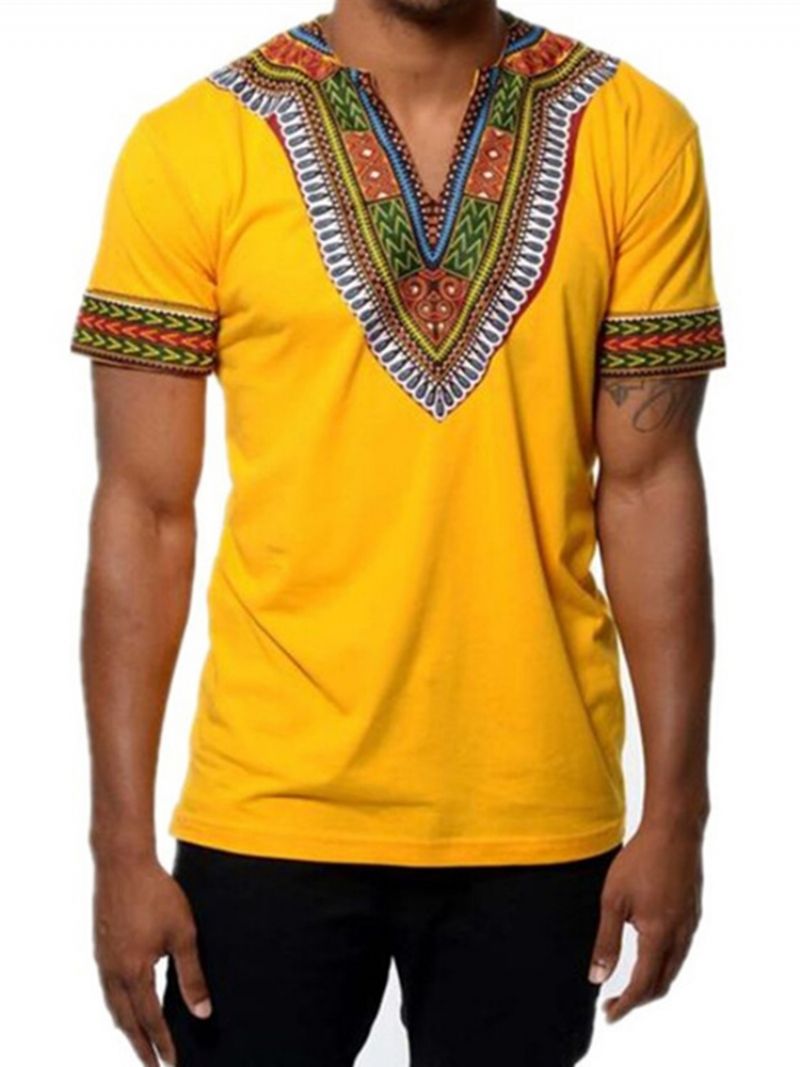 Afrikansk Mode V-Hals Dashiki Print Kortærmet Mænds T-Shirt