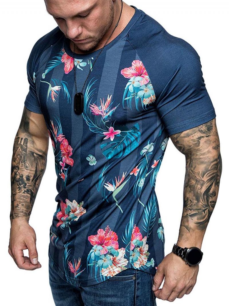 Blomsterprint Rund Hals Slim T-Shirt Til Mænd