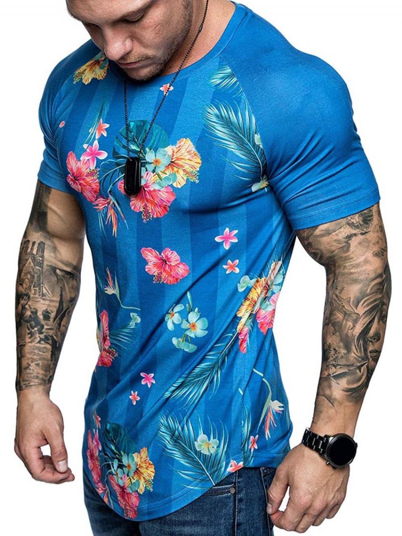 Blomsterprint Rund Hals Slim T-Shirt Til Mænd