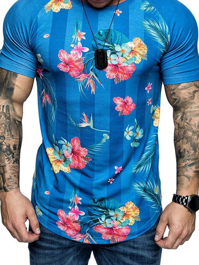 Blomsterprint Rund Hals Slim T-Shirt Til Mænd