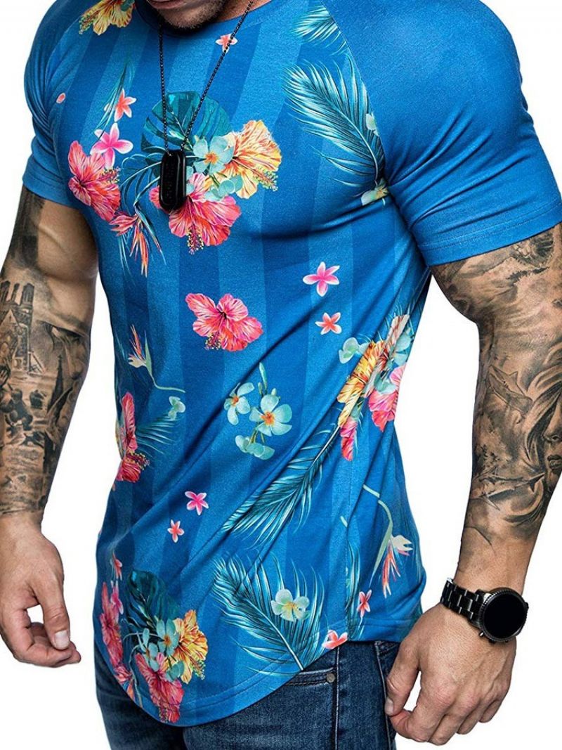 Blomsterprint Rund Hals Slim T-Shirt Til Mænd