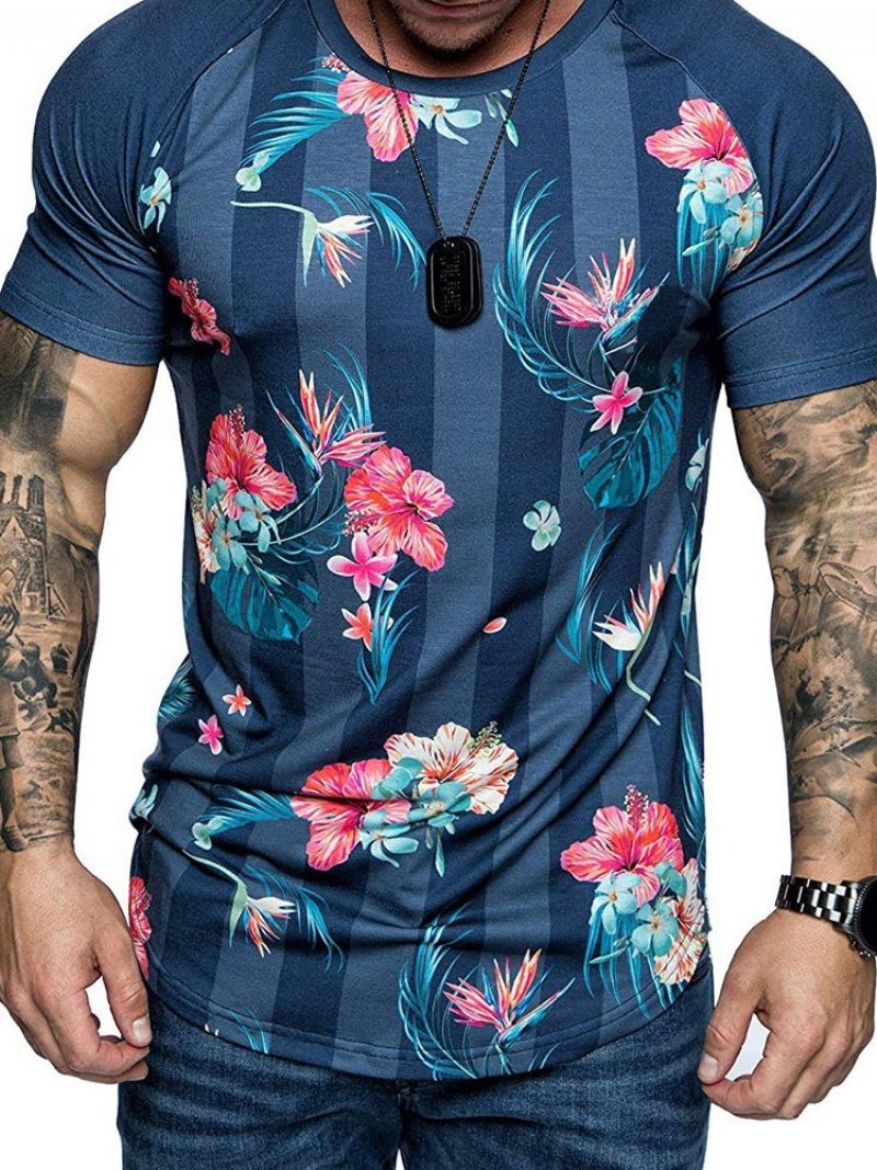 Blomsterprint Rund Hals Slim T-Shirt Til Mænd