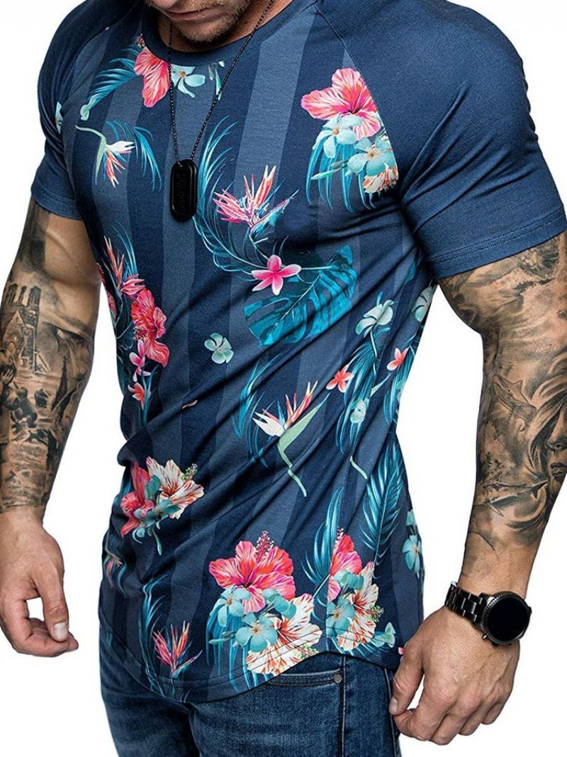 Blomsterprint Rund Hals Slim T-Shirt Til Mænd