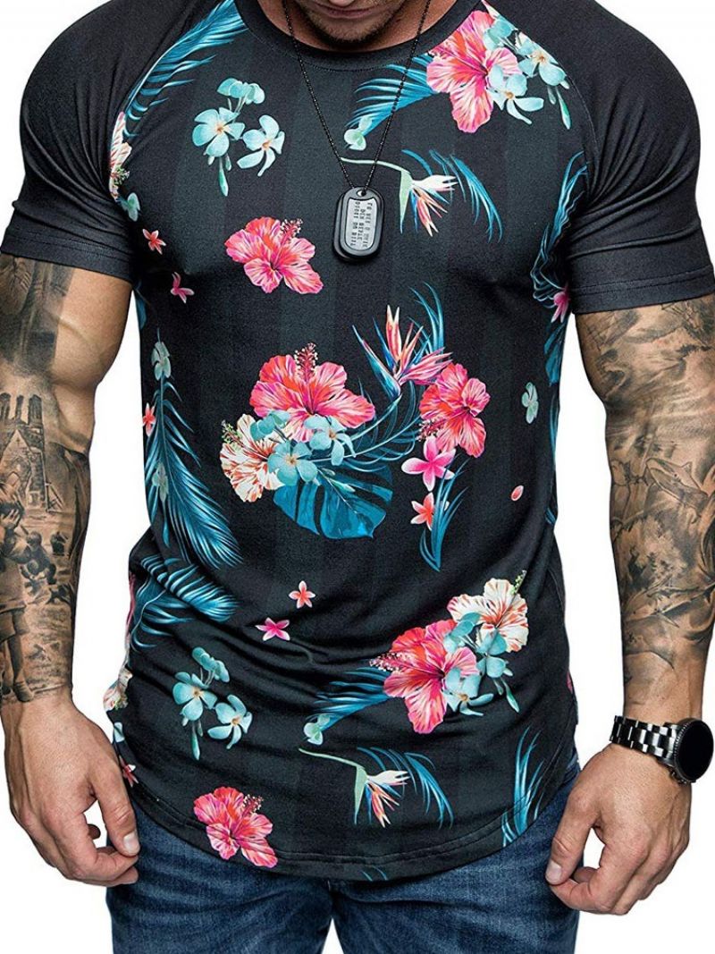 Blomsterprint Rund Hals Slim T-Shirt Til Mænd