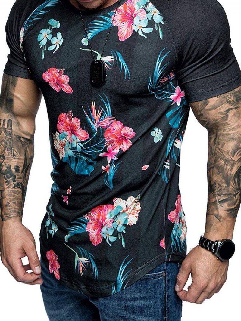 Blomsterprint Rund Hals Slim T-Shirt Til Mænd