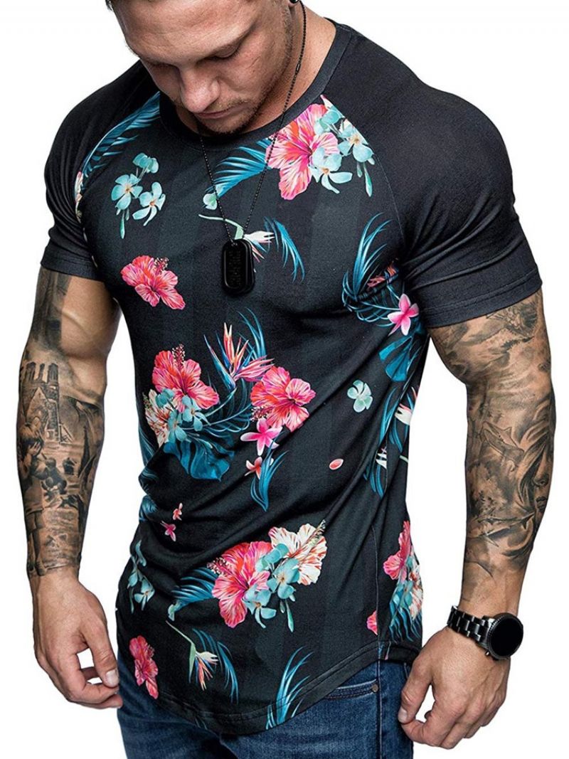 Blomsterprint Rund Hals Slim T-Shirt Til Mænd