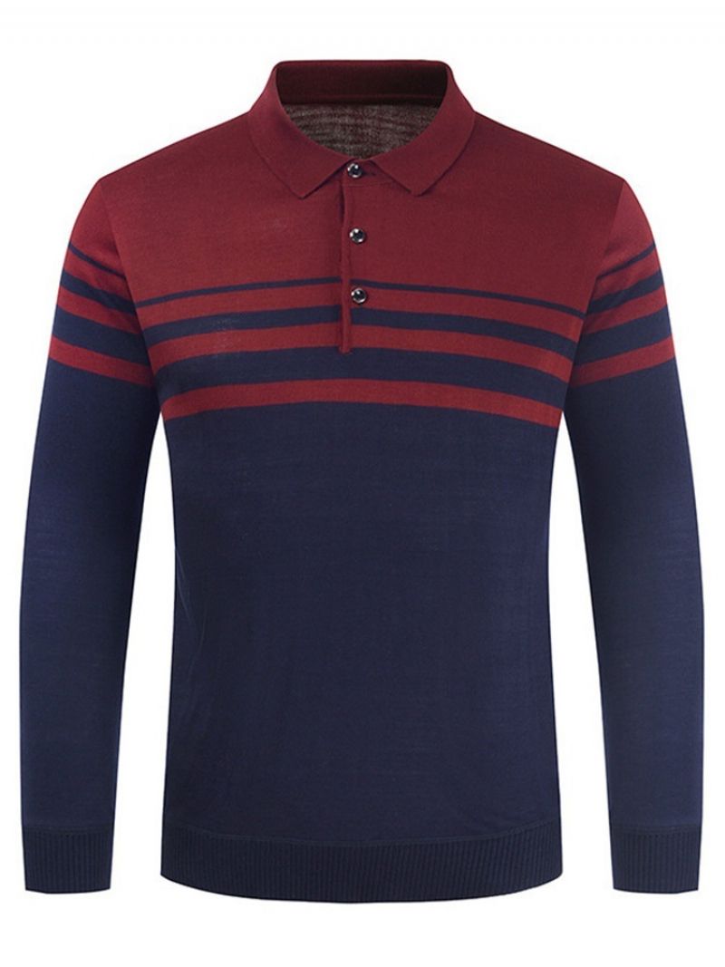 Patchwork Polo Neck Stripe Langærmet Pullover T-Shirt