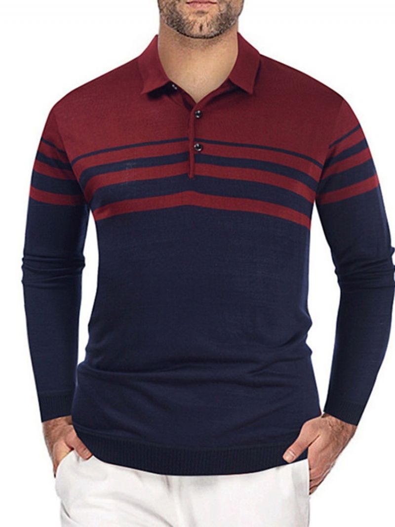 Patchwork Polo Neck Stripe Langærmet Pullover T-Shirt