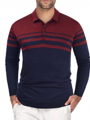 Patchwork Polo Neck Stripe Langærmet Pullover T-Shirt