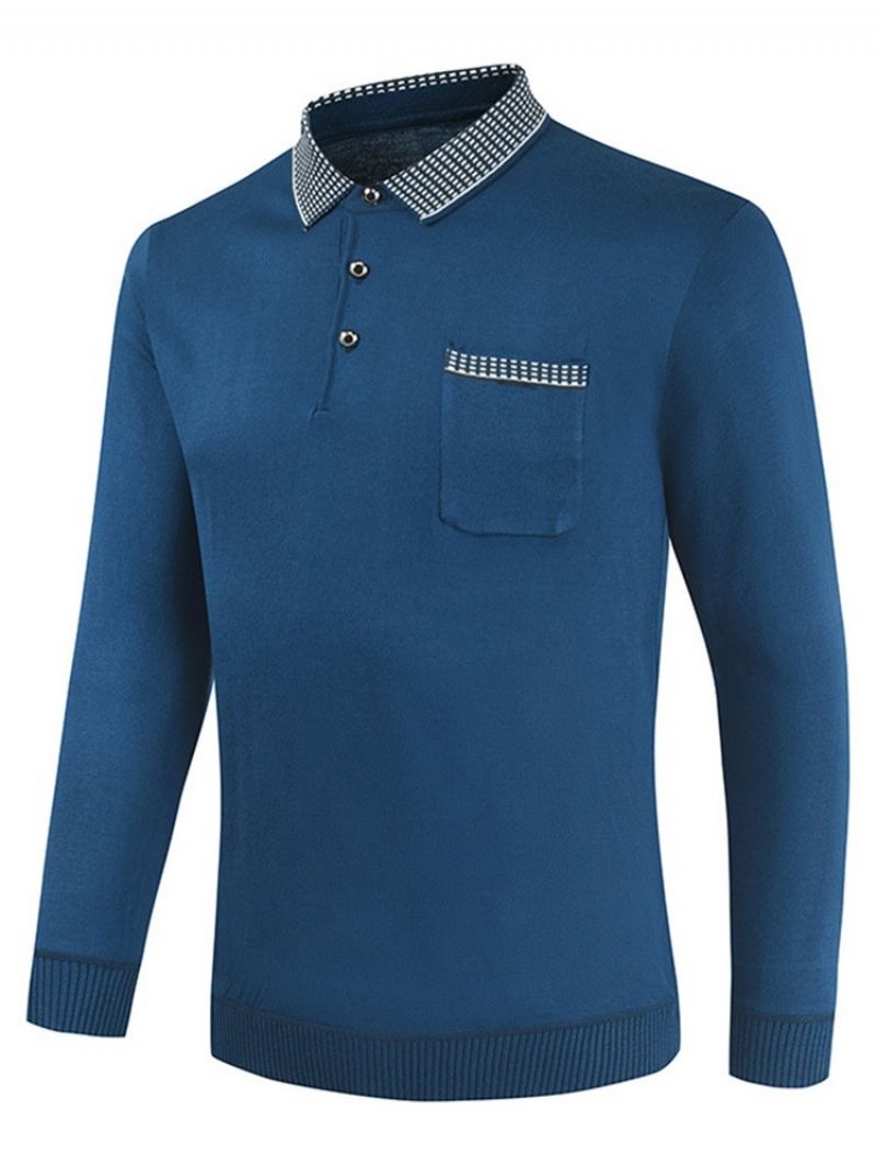 Polo Hals Farve Blok Knap Langærmet Pullover T-Shirt