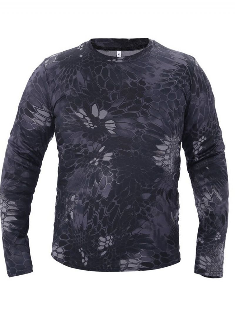 Rund Hals Print Camouflage Langærmet Mænds Slim T-Shirt