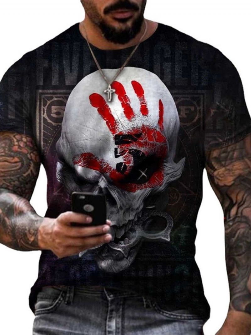 Skull Print Casual Løs Kortærmet T-Shirt Til Mænd