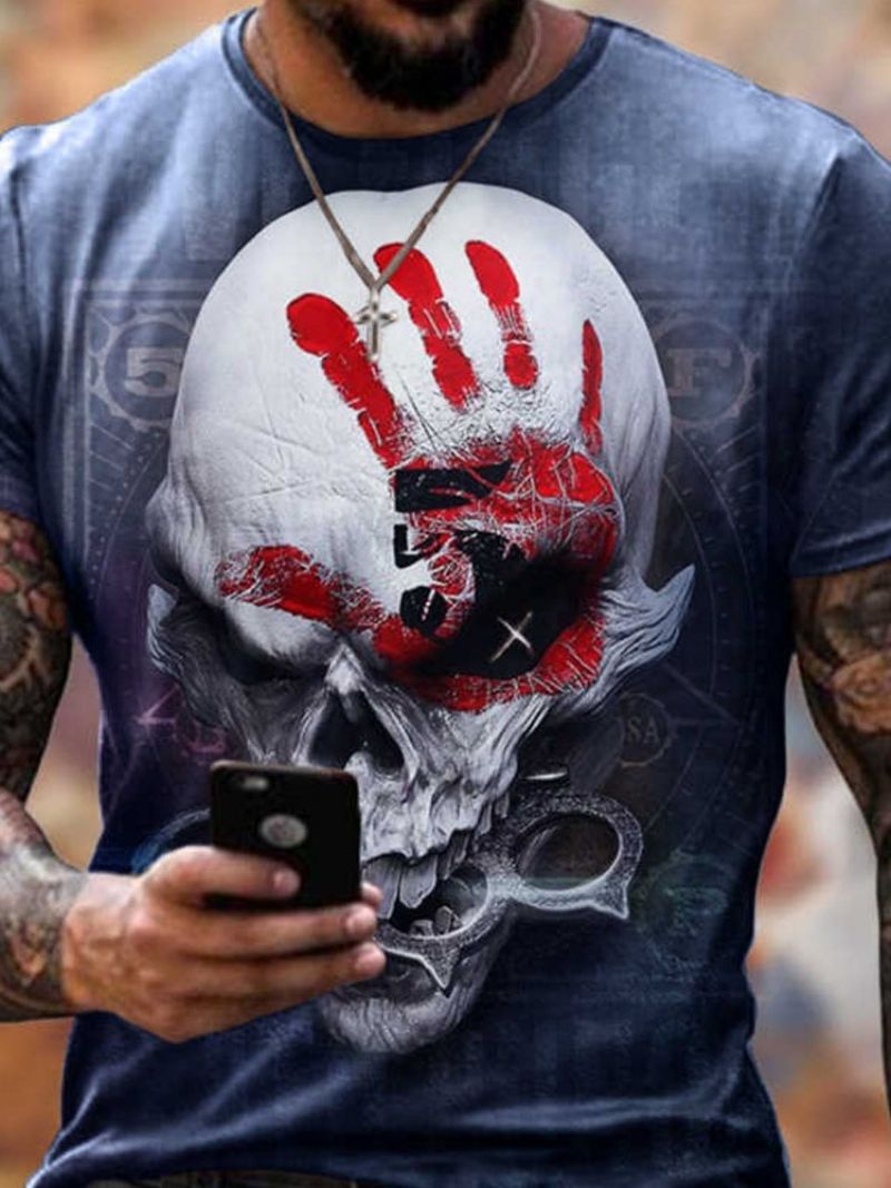 Skull Print Casual Løs Kortærmet T-Shirt Til Mænd